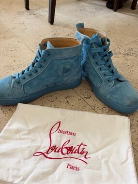 Christian Louboutin Men's Light Blue Suede High-Top Sneakers